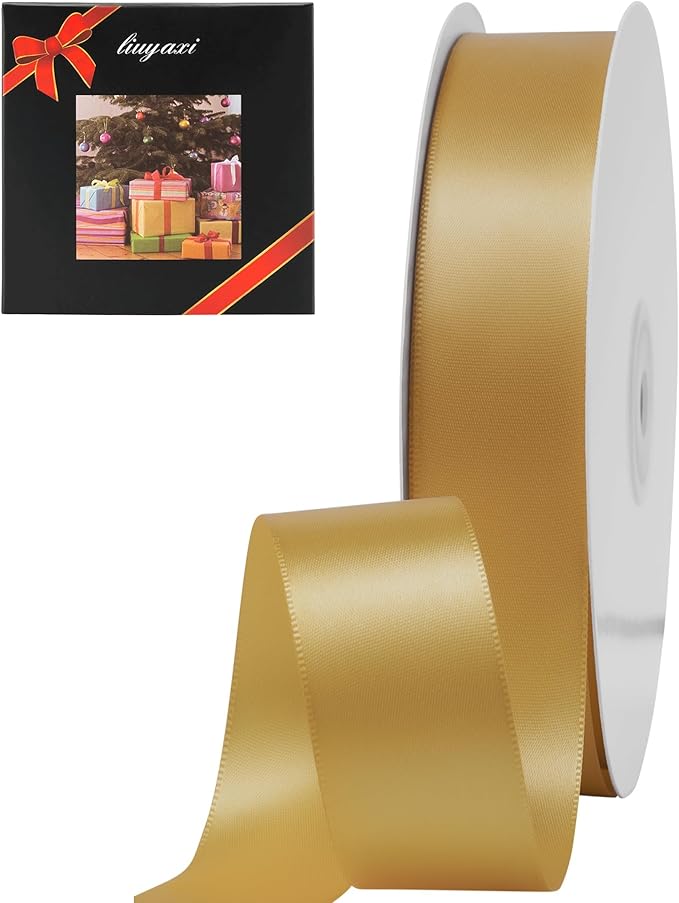 LIUYAXI Old Gold Double Faced Satin Ribbon, 1" X Continuous 50 Yards, Ribbons Perfect for Gift Wrapping Wedding Bouquet Decor DIY Craft Bow Making & Other Projects