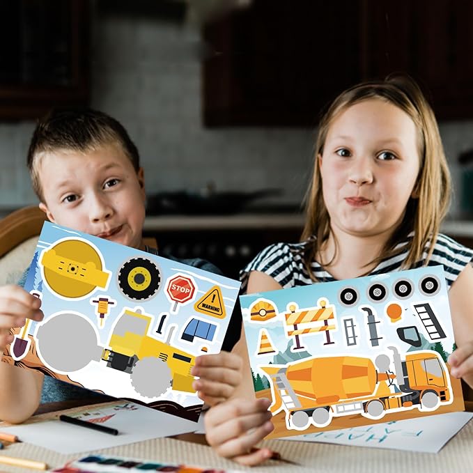 24 Sheets Make Your Own Construction Vehicle Stickers for Kids Boys, Make-a-Face Engineering Vehicles Fire Trucks Excavator for Construction Themed Party Favors