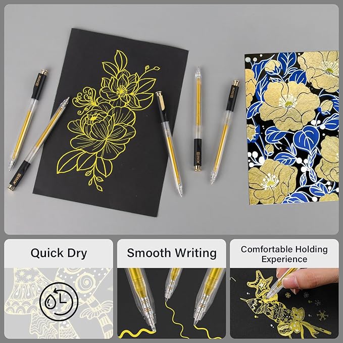 Retractable Gold Gel Pen, 7 Nib Sizes - Precision Large Capacity Opaque Gold Archival Gel Ink Pens, Fine Point Smooth Writing Highlighter Pens for Black Paper Note Taking Aesthetic Art Supplies