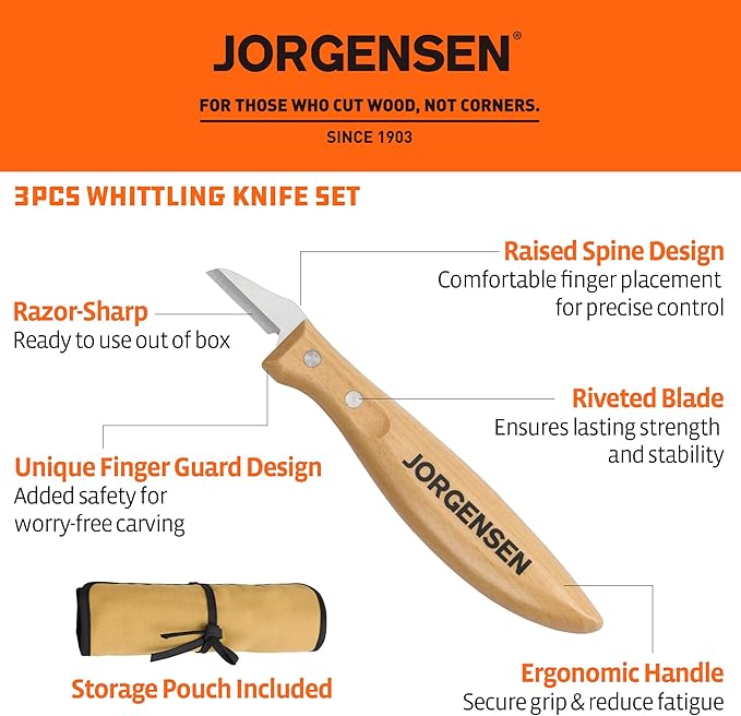 Jorgensen 3-Piece Wood Carving Tools, Stainless Steel Whittling Knife Set with Canvas Pouch, Protective Blade Cover, Ergonomic Curved Handle - Professional Wood Carving Kit for Beginners