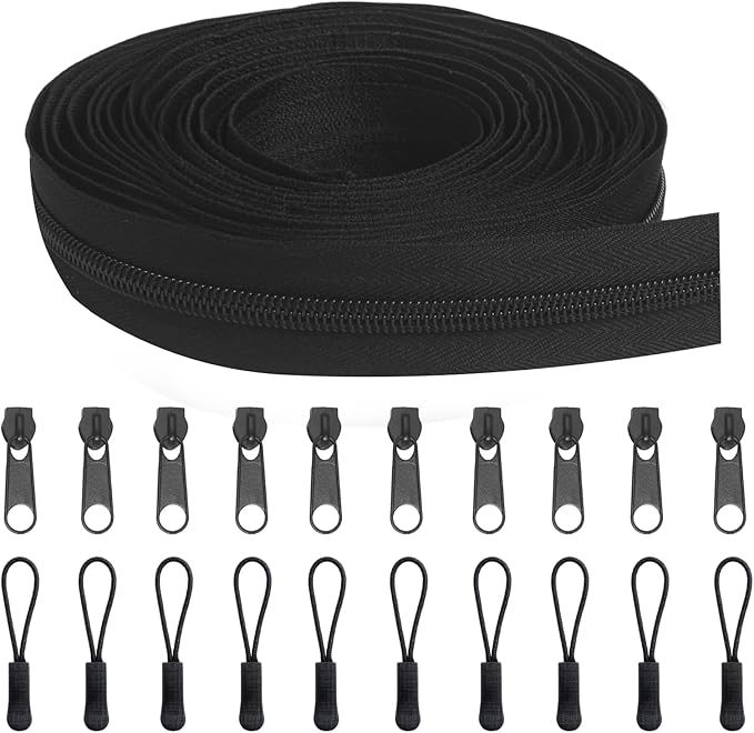 #8 Zippers Bulk 10 Yards 360 inch Black Nylon Coil Zipper by The Yard,Zipper Roll with 20pcs Sliders and 20pcs Pulls for Replacement and Sewing Tailor Craft Bags, Luggage, Tents