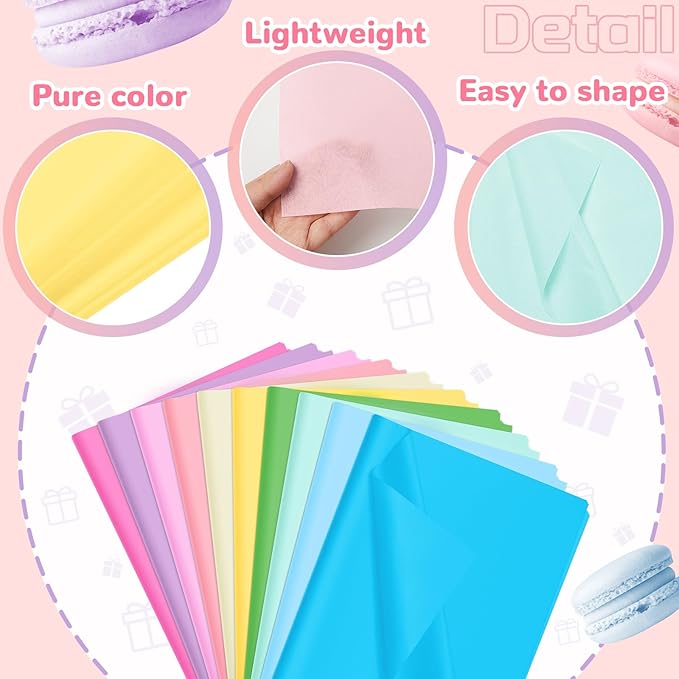 Qilery 500 Sheets Rainbow Pastel Tissue Paper Bulk for Gift Bags 15 x 20 Inch Acid Free Macaron Packaging Wrapping Decoupage Paper Sheets for Easter Wedding Decoration DIY Flowers, Pom Poms, Crafts