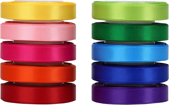 VATIN Rainbow Satin Ribbon Set 3/8 Inch x 10 Colors, Total 60 Yards,Double Faced Ribbon for Gift Wrapping Craft，Flower Bouquet,Women Hair Ribbons