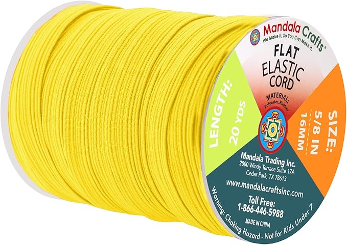 Mandala Crafts 16mm 20 Yds Roll of Yellow Elastic Bands for Sewing - 5/8 Flat Elastics Cord - 5 8 Inch Braided Stretch Straps for Crafting
