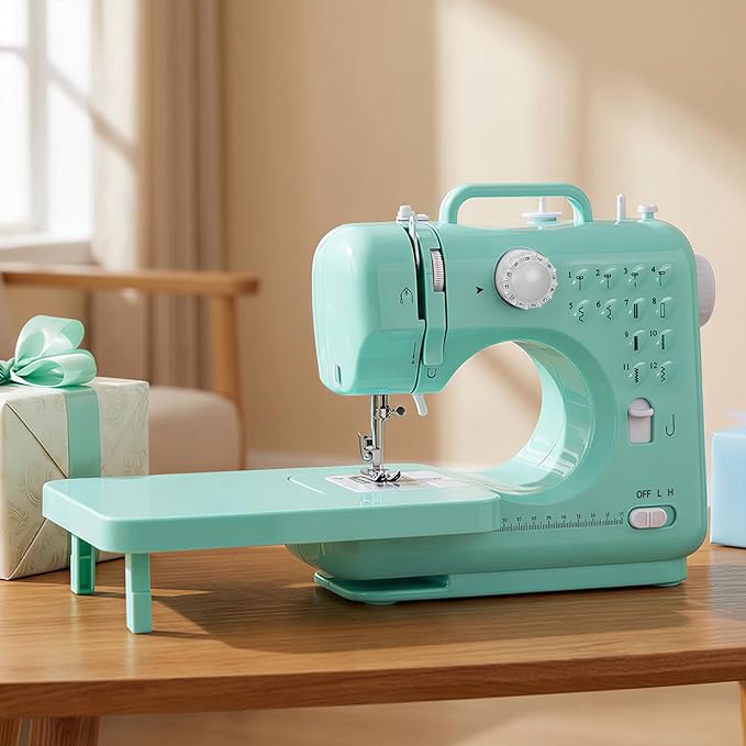Sewing Machine for Beginners with Extension Table, Mini Electric Portable Sewing Machine with 12 Stitches LED Light and Accessories Kit for Home DIY Sew Project Cyan