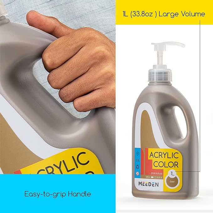 MEEDEN Metallic Gold Acrylic Paint: 1 L /33.8 oz Liquid Paint with Pump Lid - Gold Art Paints for Canvas, Crafts, Studio, School, Wall & Poured Paintings