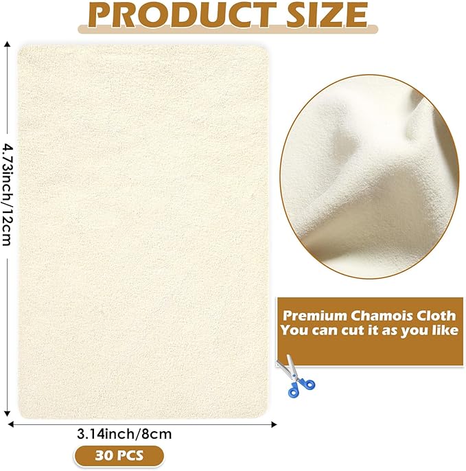 MAPVOLUT 30 PCS Pre Cut Chamois Cloth for Pottery Tools Kit, Super Soft Chamois for Smoothing Pot Rim Ceramic Mini Pottery Wheel Mudtools Sponge Bats Stamps for Clay Trimming Tools (3.2 x 4.73 Inch)