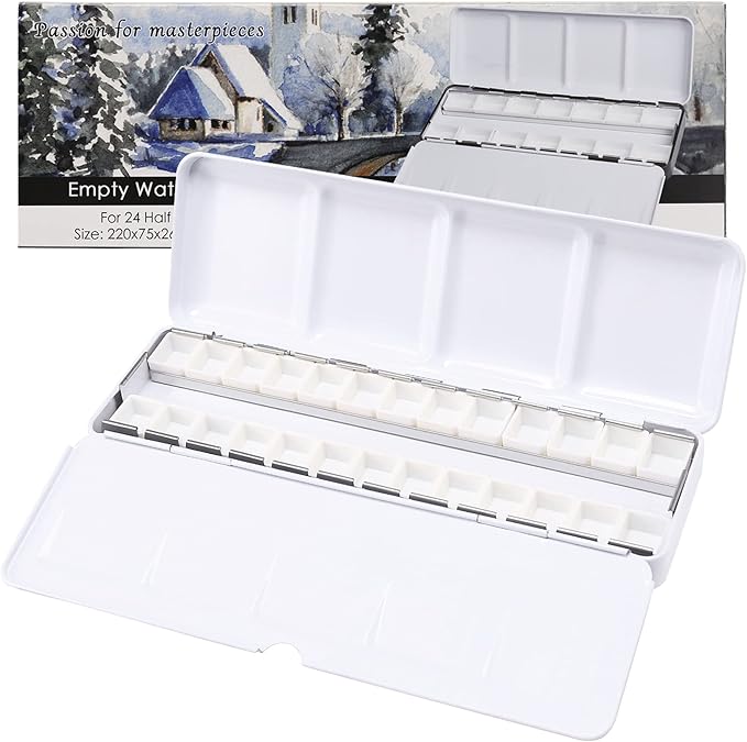 MYARTOOL Empty Watercolor Palette, Colorful Empty Watercolor Tin Palette Paint Case with 24 PCS Empty Half Pans for DIY Travel Watercolor Palette, Acrylic and Oil Painting