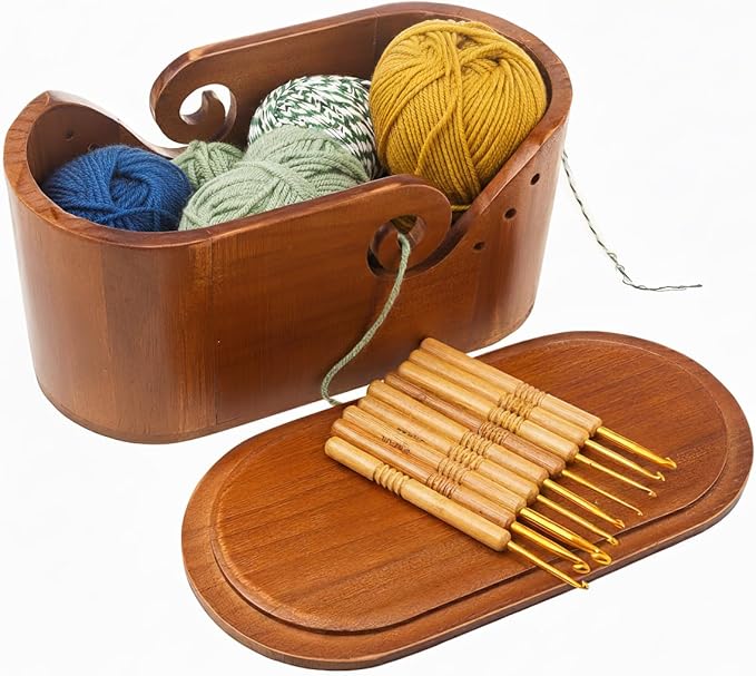 Wooden Oval Yarn Bowls for Crocheting, Handmade Crochet Bowls with Lid and 9 Pcs Knitting Hooks, Knitting Lovers Yarn Storage Bowl for Handmade Knitting Yarn Lovers (Crochet Bowls Black)
