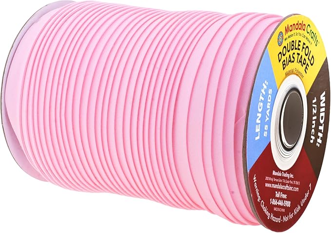 Mandala Crafts 55 Yards 1/2 Inch Light Pink Double Fold Bias Tape for Sewing - Bias Binding Tape for Quilting Binding, Hemming, Seam, and Fabric Piping