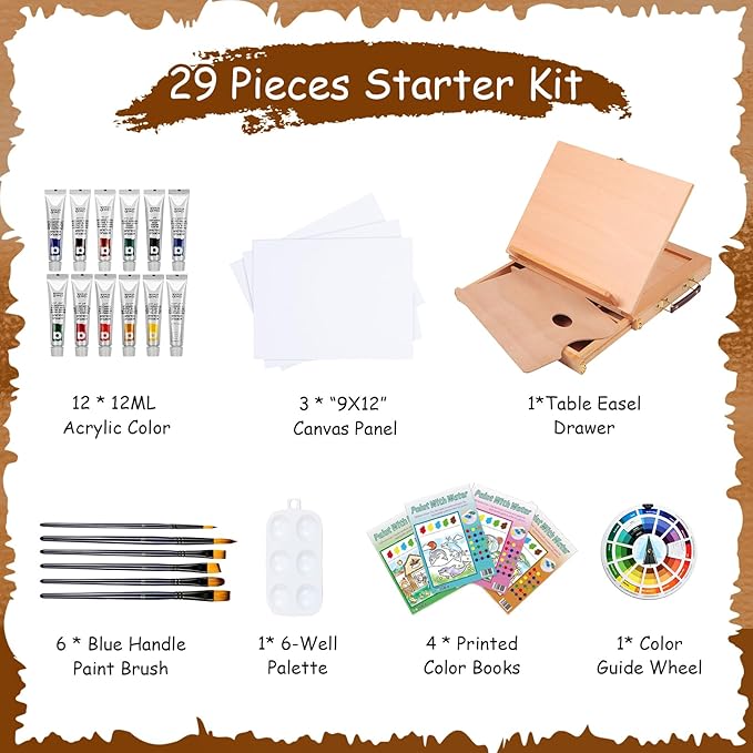 Falling in Art 29 Pcs Acrylic Paint Set with Tabletop Easel, Painting Kit with 12 Acrylic Paints Set, Canvas Panels, Brushes, Wooden Palette for Kids, Adults, Beginners, Professionals, Christmas
