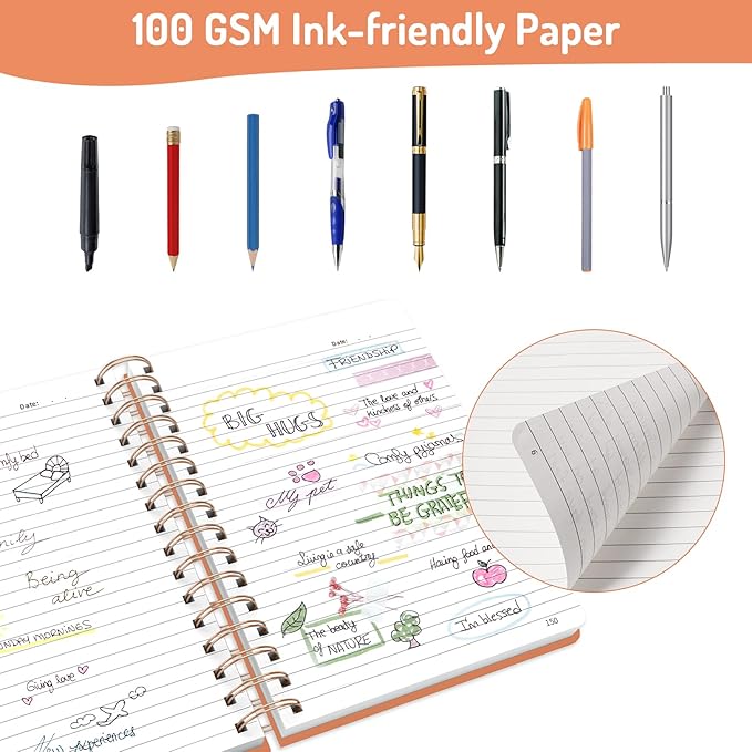 Forvencer Lined Spiral Journal Notebook with 300 Numbered Pages, A5 Thick Journals for Writing with 100GSM Paper, Hardcover Notebooks with Contents for Work, School, Women, Men, Orange