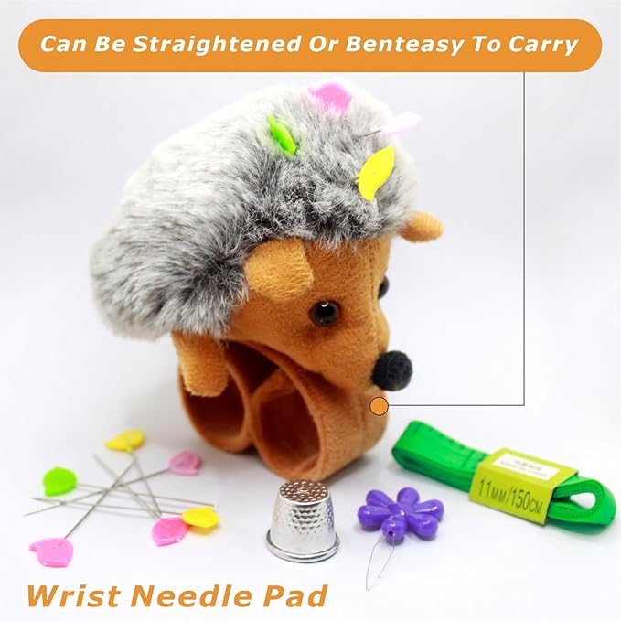 Cute Hedgehog Wrist Pin Cushion Kit for Sewing with 50 Lovely Bird Needles,Including Threader, Thimble ＆Tape Measure for Sewers Gift for Quilters.