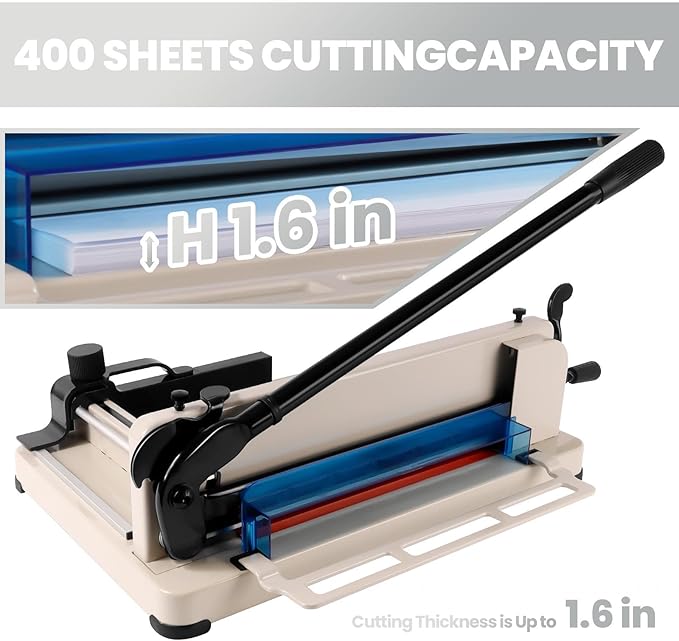 Heavy Duty 12-inch Guillotine Table Paper Cutter, White(A3), 400-Sheet Paper Cutter with Double Safety Protection for Office, School, Commercial, Larger area (12in)