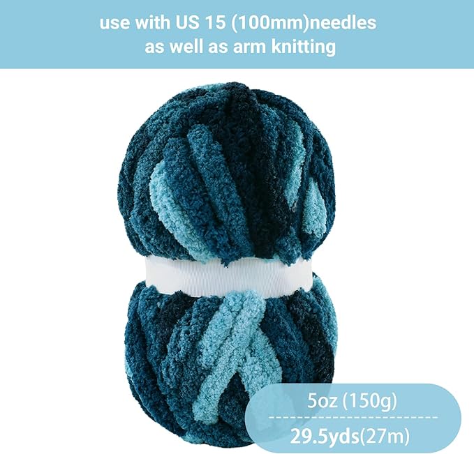 HOMBYS Blue Multi Chunky Chenille Yarn for Hand Knitting,Fluffy Soft Jumbo Yarn Crocheting,Super Bulky Big Yarn for Chunky Blanket,Large Thick Arm Knitting Yarn,8 Pack Plush Yarn