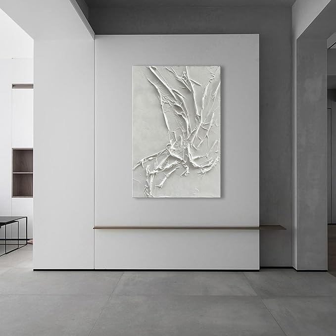 NANKAI Hand-Painted White Texture Abstract Art Painting Minimalist Art Home Office Hallway Wall Decoration Oil Painting 24x36 inches