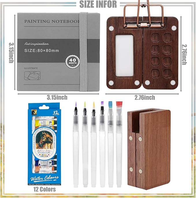 Mini Watercolor Paint Set, Travel Paint kit, Pocket Watercolor Set with 12 Color, Wooden Grid Paint Box, Sketchbook, 6 Brush, Portable Paint Palette for Beginners, Artists Enthusiasts(Wooden-S)