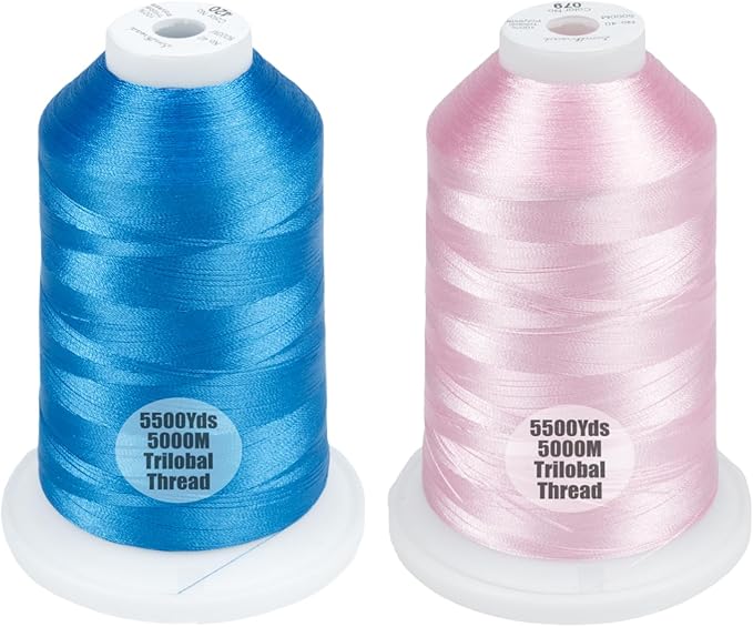 Simthread 2-Pack Trilobal Polyester Thread – 5000M (5500yds) No.40 Tangle-Free, Built-in Thread Lock Spool – Compatible with Brother, Singer, Janome & More,ElectricBlue420+SalmonPink079