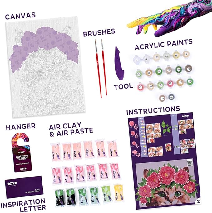 OKTO Art Kit A Cat in a Flower Crown | Arts & Crafts DIY Painting with Modeling Claу | Claу Kit for Painting | Painting Kits for Adults for Home Decoration Claу for Adults