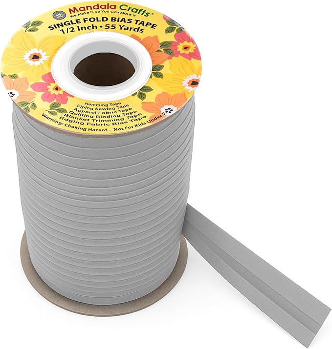 Mandala Crafts 1/2 Inch Single Fold Bias Tape for Sewing, Quilting, Piping, Hemming, Blanket & Quilt Binding – 55 Yards Gray Fabric Seam Binding Tape