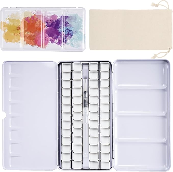 PEVART Empty Watercolor Paint Palette case,Metal Water Color Tin Box with 52 Empty Half Pans and Fold-out Mixing Painting Tray-Portable Travel Watercolor Palette, Plain Air painting