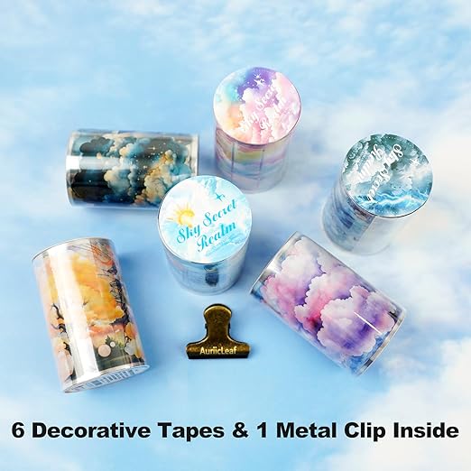 Sky Series PET Tape Sticker Set 6 Rolls Featuring Thunderstorm Starry Night Sunset and Foggy Cloud Designs for Scrapbooking Journaling Planner Decoration and DIY Craft