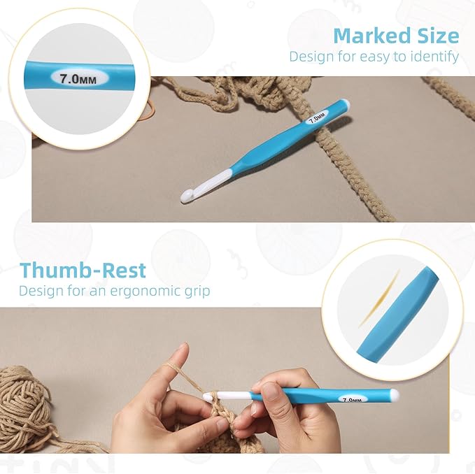 7mm Large Crochet Hook,Ergonomic Crochet Needle for Arthritic Hands, Extra Long Rubber Handle Crochet Hooks for Knitting Sweaters, Shawls and Carpets
