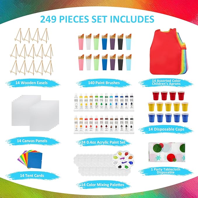 249 Pcs Art Painting Kit Supplies Set for Party - 140 Paint Brushes, 24 Acrylic Paints, 14 Wood Easels & Canvas Panels & Palettes & Aprons & Wash Pen Cup, 1 Plastic Tablecloth