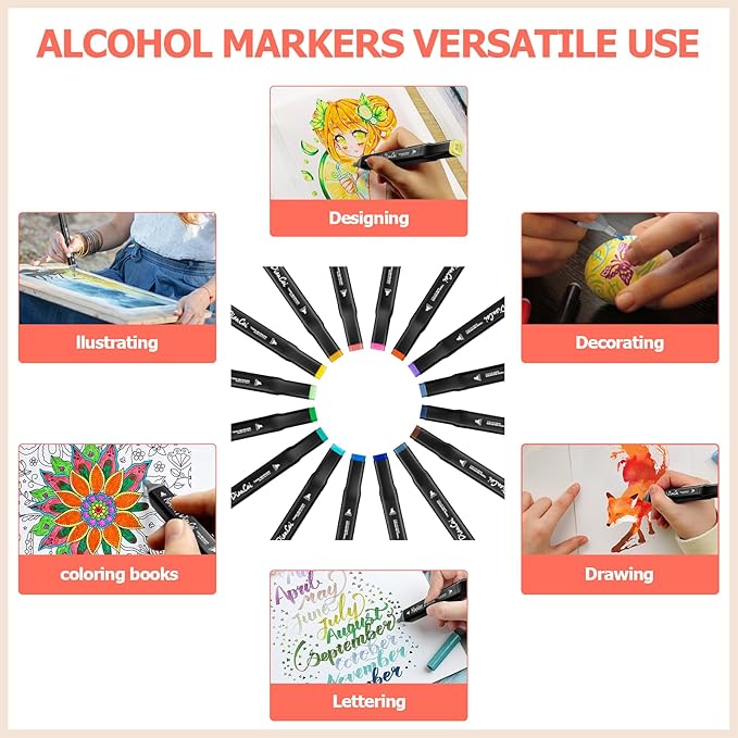 RUN HELIX Alcohol Markers, 120 Colors Dual Tip Markers Broad Brush Tip and Fine Tip, Marker for Coloring Drawing Painting Art, Alcohol Marker Set with Case for Adults (Black Barrel)