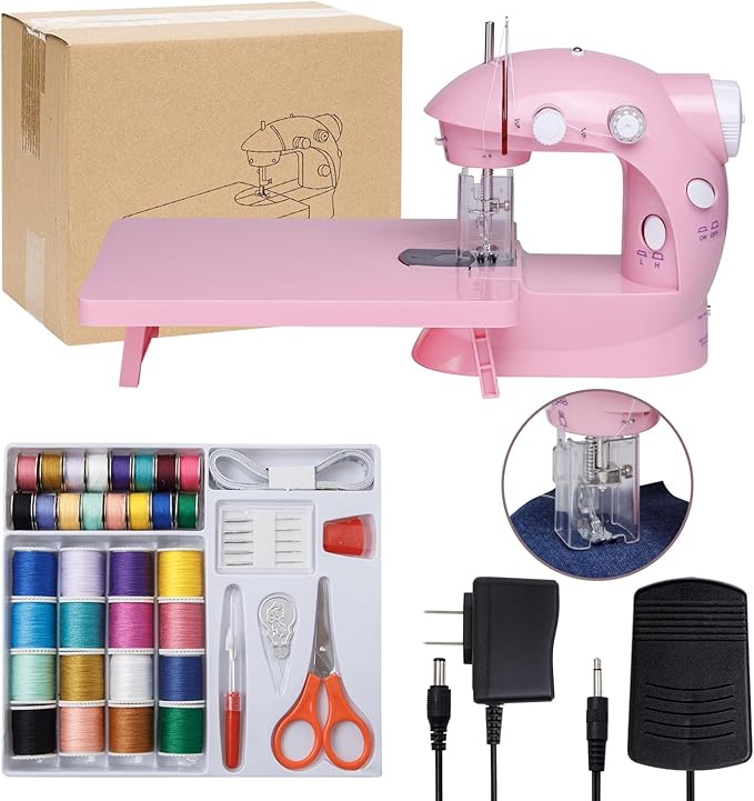 Sewing Machine for Beginners with Expansion Table and Foot Pedal and 42Pcs Sewing kit Finger Guard & Light Mini Small Portable Sewing Machines 2-Thread 2-Speed 2-Switches for Kids Ages 8-12 Peach Pink