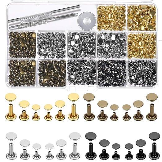 Selizo 480 Sets Small Double Cap Leather Rivets 4 Colors 3 Sizes (Cap Diameter: 6mm/8mm/8mm) Tubular Metal Studs with 3 Pieces Setting Tool Kit for Leather Craft Repairs Decoration