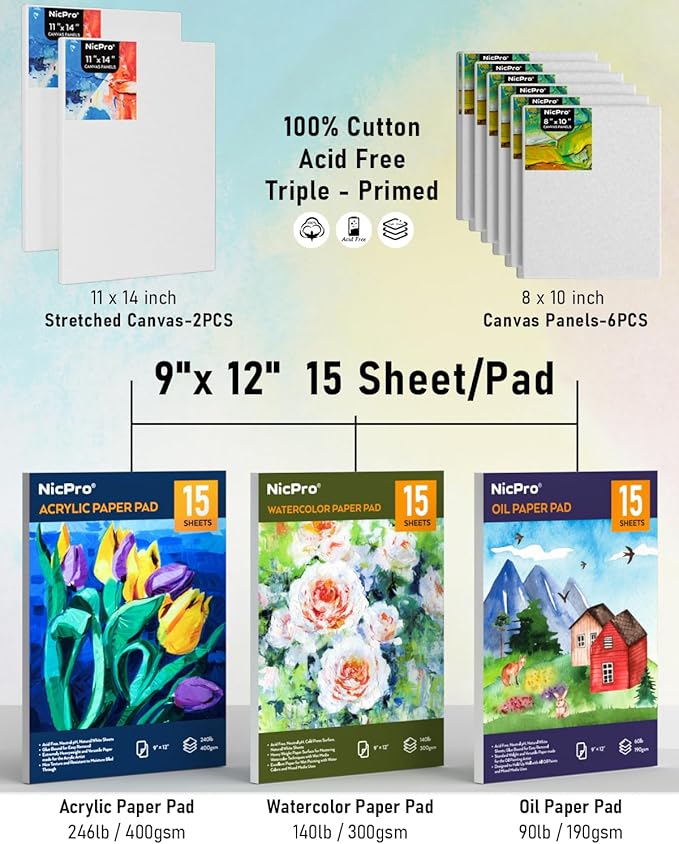 Nicpro 158PCS Deluxe Art Painting Kit with Metal and Solid Beech Wood Easel, Acrylic, Oil & Watercolor Paint Set, Paint Brushes, Canvas, Palette, Paper Pad, Professional Art Set for Adults Artist