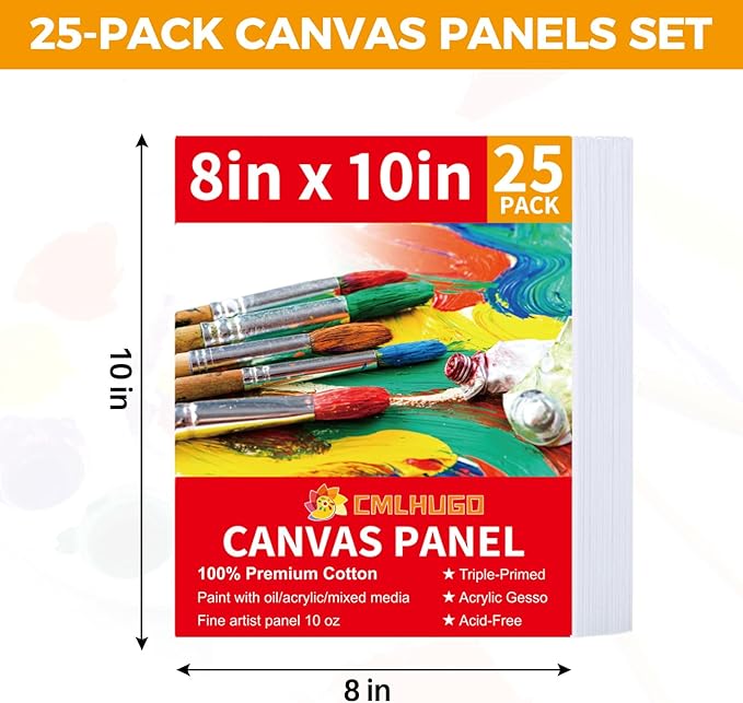 25 Pack Canvas Boards for Painting Supplies, 8 x 10 inch Blank Canvases, Gesso Primed Acid-Free 100% Cotton Canvas Panels for Acrylic Oil Watercolor,Art Supplies