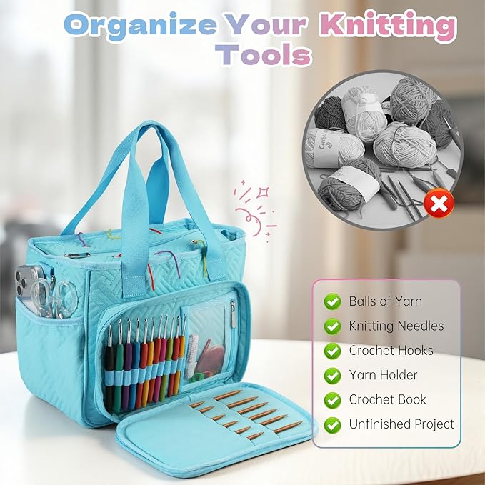 Dadanism Crochet Bag, Knitting Tote Bag, Yarn Storage Holder with Handle & Shoulder Strap, Yarn Storage Organizer for Crocheting Knitter, Crochet Hooks, Knitting Needles Kit, Sewing Supplies, Blue