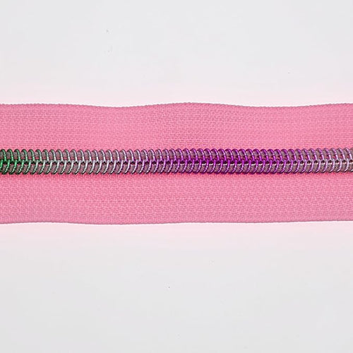 #5 Colorful Metallic Nylon Coil Zipper by Yard,Pink Zipper Tape Bulk 10 Yards with 25pcs Silver Pull for DIY Sewing Craft Bag YIGUANXIN