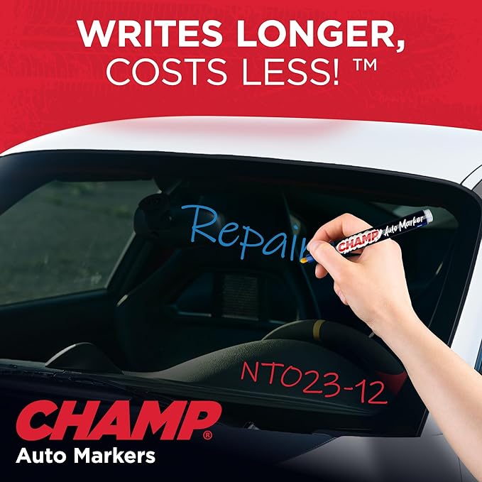 CHAMP Auto Markers Pack of 6 – 4mm Tip, Works on Multiple Surfaces, Smudge-Proof, Weather-Resistant, Washable Markers for Auto Shops, Mechanics and Detailing - Yellow