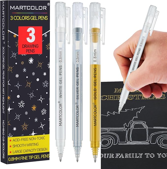 Gold Silver White Gel Pens, 0.8mm Extra Fine Point Opaque Archival Ink Pen for Black Paper Drawing, Art Highlight, Illustration, Bullet Journaling, Card Making & DIY Projects, 3 Pack