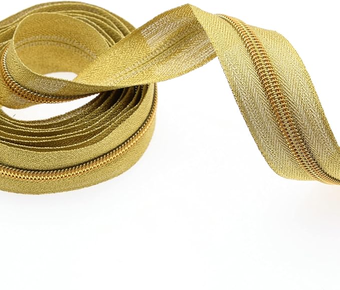 5# Gold Metallic Nylon Coil Zippers by The Yard, Bulk Gold Zipper Tape 10 Yards with 20Pcs Pulls for DIY Sewing Craft Bags YIGUANXIN