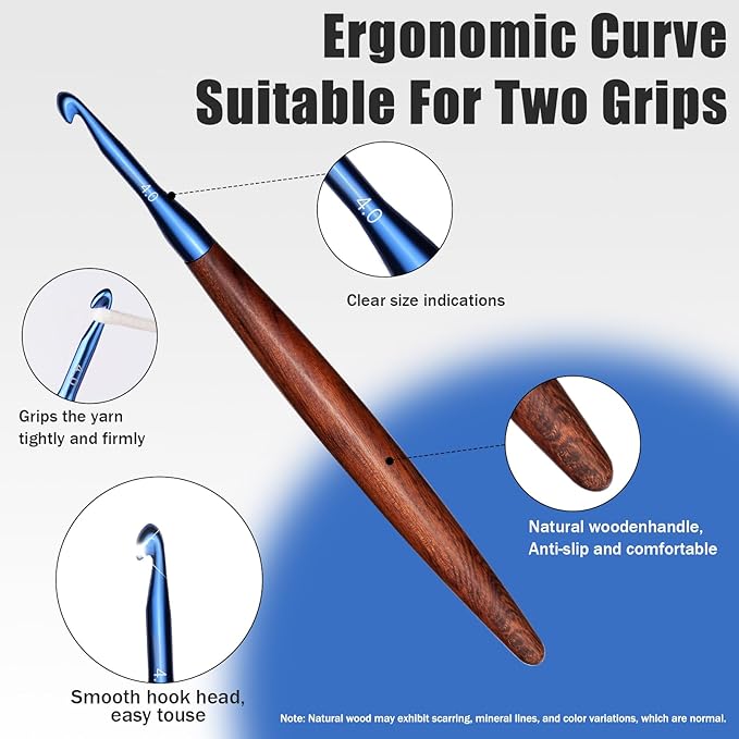 Giwrmu Crochet Hooks, 4mm Ergonomic Crochet Hook, Available in 3mm-7mm, Colored Aluminum Crochet Hook with Wooden Handle Crochet Needle for Crocheting Yarn