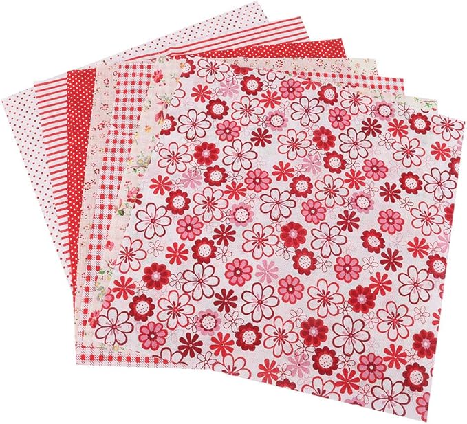 7Pcs Fat Quarters Fabric Bundles, 20 × 20inch Red Flowers Cotton Fabric Bundle Precut Fat Squares Sheets for DIY Patchwork Sewing Quilting Crafting