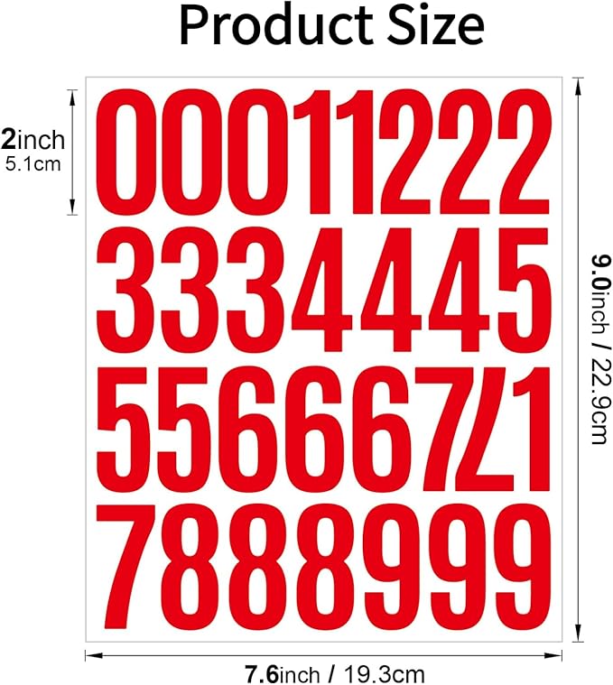 10 Sheets Vinyl Mailbox Number Stickers - Self-Adhesive Address Labels for Cars, House Doors, Windows & Metal Mailboxes (Red, 2 inch)