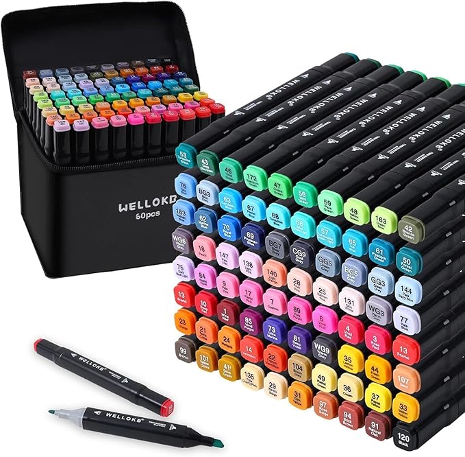Alcohol Markers, 60 Colors Dual Tip Permanent Art Markers for Drawing,for Adult Coloring, Alcohol, Based Ink Ideal for Book Painting and Card Making
