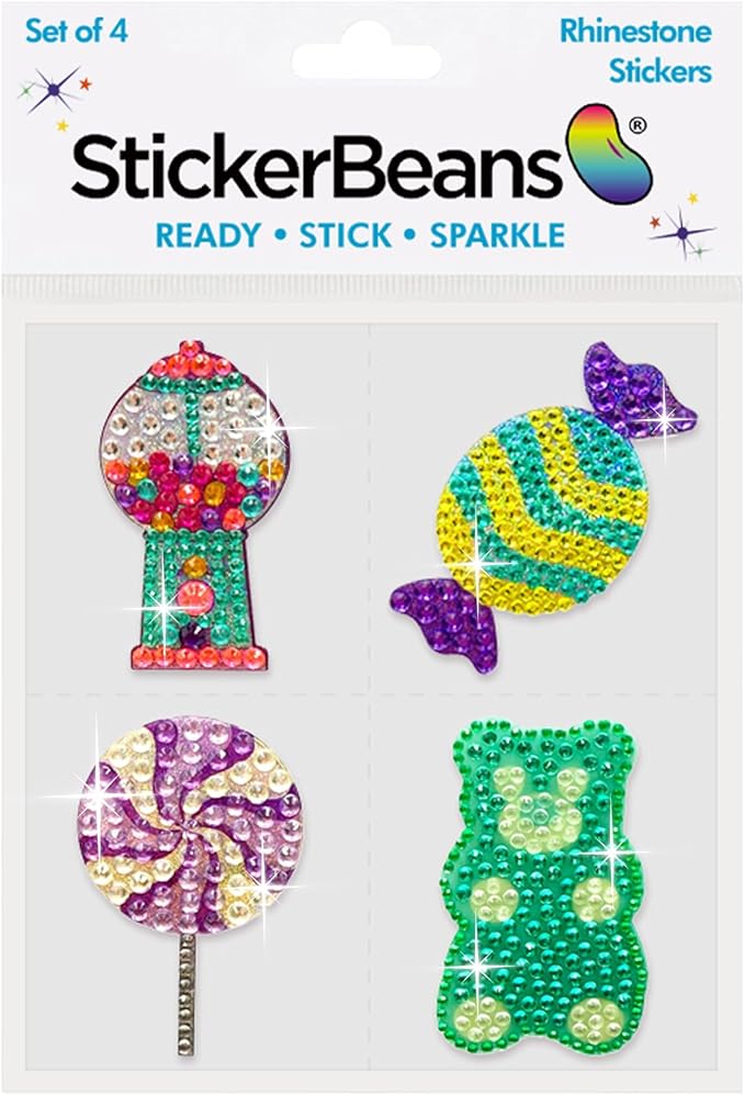 StickerBeans® Rhinestone Stickers - Sweet Tooth 4-Pack, 2” x 2” Unique Sparkly Cut-to-Shape for Collecting, Trading, Decorating Laptops, Phone Cases, Scrapbooks - Kids, Teens, Adults