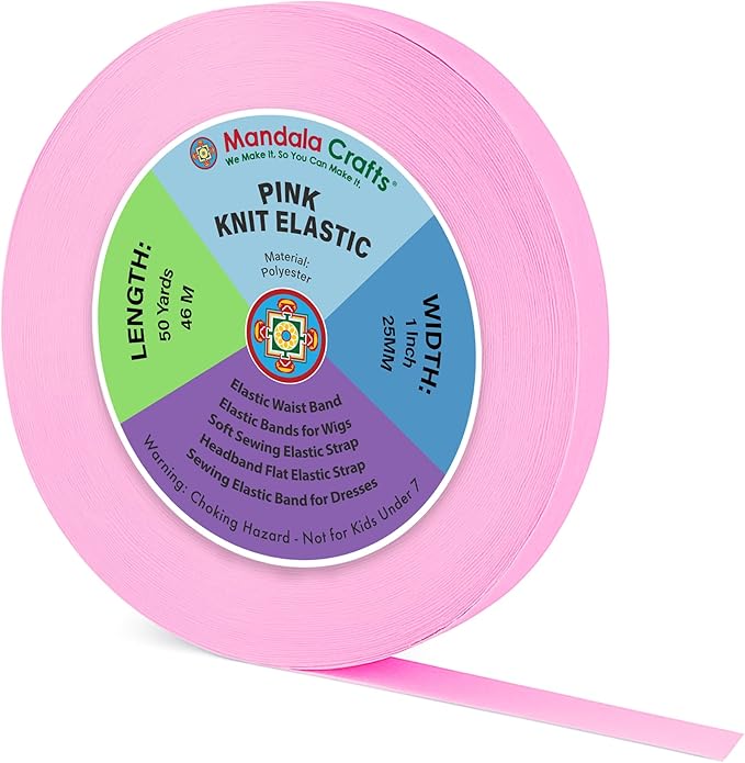 Mandala Crafts Wide 1 Inch Pink Elastic Bands Spool for Pants Waistbands Sewing and DIY Crafts, 50 YD Stretchy Flat Fabric Strap Knit Elastic Band for Wig