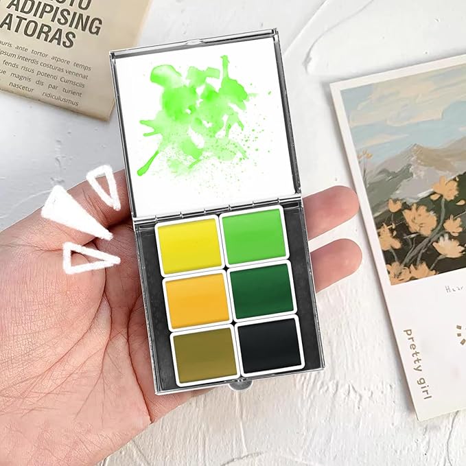 Mini Portable 6-Color Solid Watercolor Paint Set for Adults & Artists, High Tinting Strength Travel Art Kit for Beginners and Professionals, Half Pans (Each Capacity Approx 1.5ml).Yellow Green