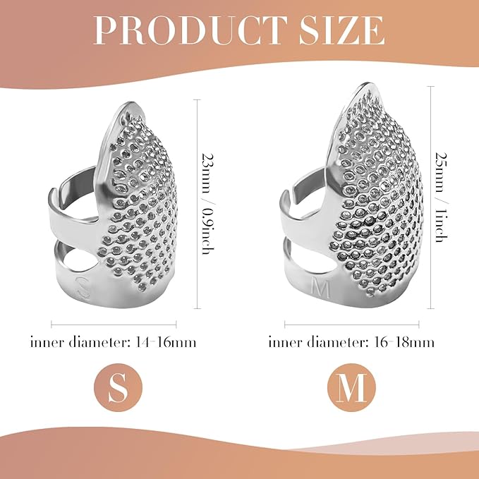 ZESION 4Pcs Sewing Thimbles, Adjustable Metal Thimbles for Hand Sewing Finger Protector, Quilting Craft Accessories for Knitting Needlework DIY Tools, Silver(2 Sizes, S/M)