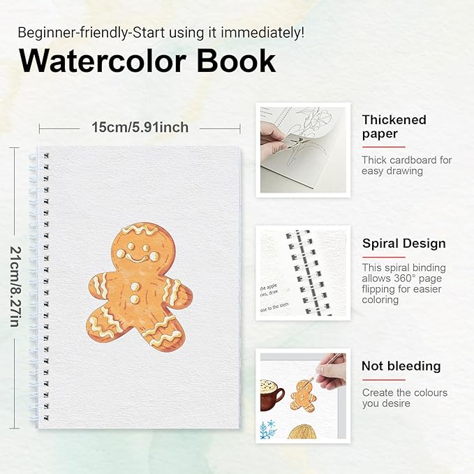 Watercolor Workbook for Beginners with Step-by-Step - 12 Watercolor Coloring Pages - 100% Cotton 300gsm/140lb Watercolor Paper - Gift for Women,Adults, Teens (Winter)