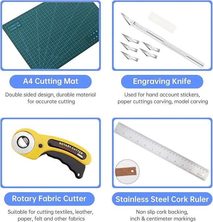 Rotary Cutter Set, 45mm Fabric Cutter, A4 Cutting Mat 11.8x8.6inch, Dual Scale Quilting Ruler and Craft Knife Set, Ideal for Crafting, Sewing, Scrapbooking, Patchworking