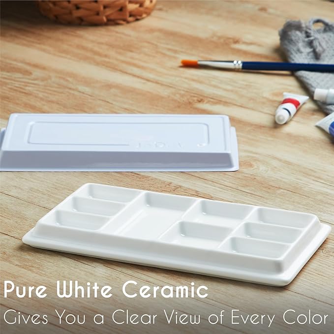 Ceramic Watercolor Palette with Lid, 9-Well Rectangular Paint Mixing Tray for Watercolor, Gouache, Acrylic & Oil Painting, White