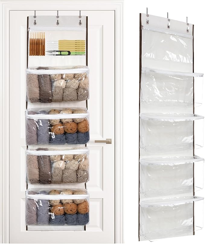 LoforHoney Home Yarn Storage, Hanging Yarn Storage Organizer with 5 Zipper Closure Compartments, Over the Door Yarn Storage Bag for Crochet Hooks and Yarn Balls, Clear Hanging Yarn Holder with 3 Hooks